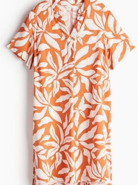 H&M Viscose Orange and White Leaf-Print Tunic Dress